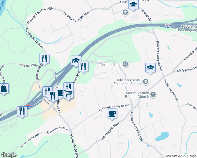 map of restaurants, bars, coffee shops, grocery stores, and more near 401 Bainbridge Drive Northwest in Sandy Springs