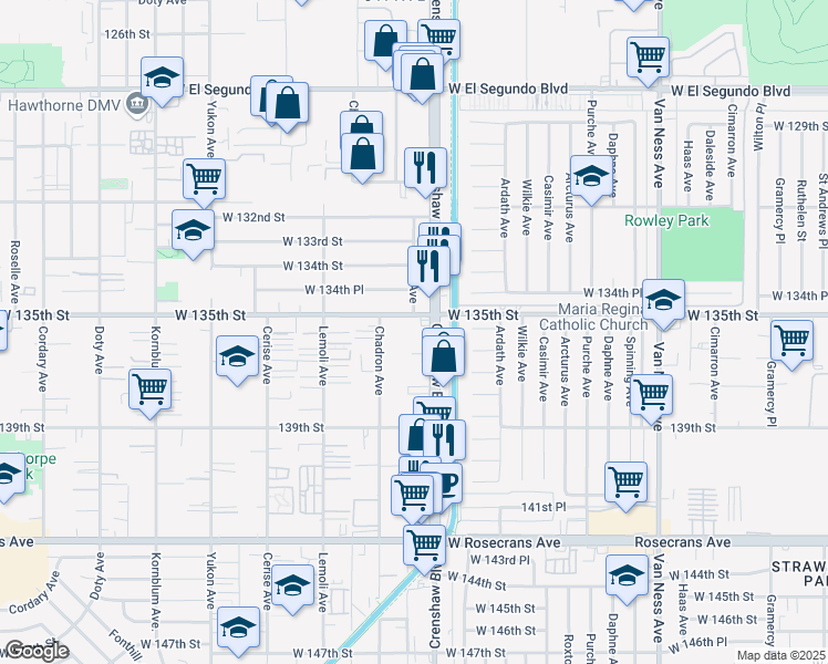 map of restaurants, bars, coffee shops, grocery stores, and more near 3124 West 135th Street in Hawthorne