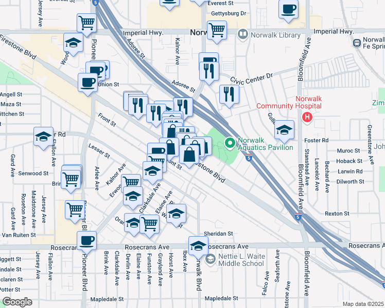 map of restaurants, bars, coffee shops, grocery stores, and more near 12167 Firestone Boulevard in Norwalk
