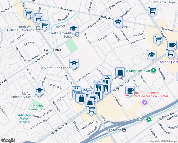 map of restaurants, bars, coffee shops, grocery stores, and more near 10925 Cochran Avenue in Riverside