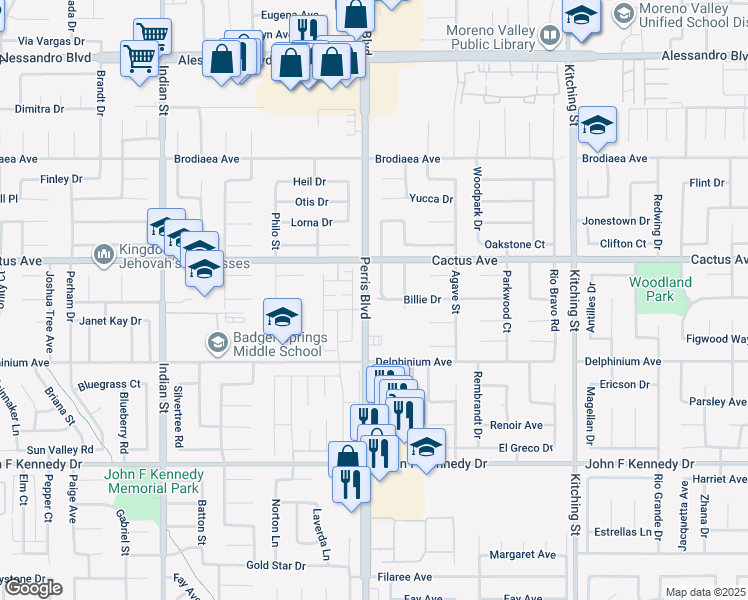 map of restaurants, bars, coffee shops, grocery stores, and more near 14607 Cholla Drive in Moreno Valley
