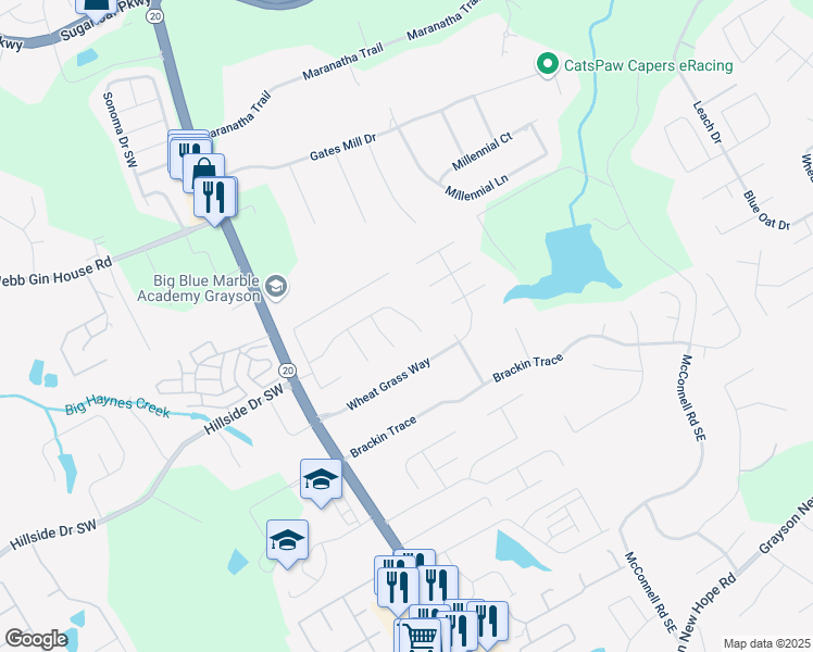 map of restaurants, bars, coffee shops, grocery stores, and more near 328 Ash Trace Lane in Grayson