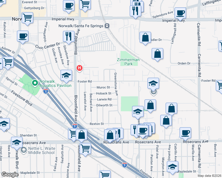 map of restaurants, bars, coffee shops, grocery stores, and more near 12849 Muroc Street in Norwalk
