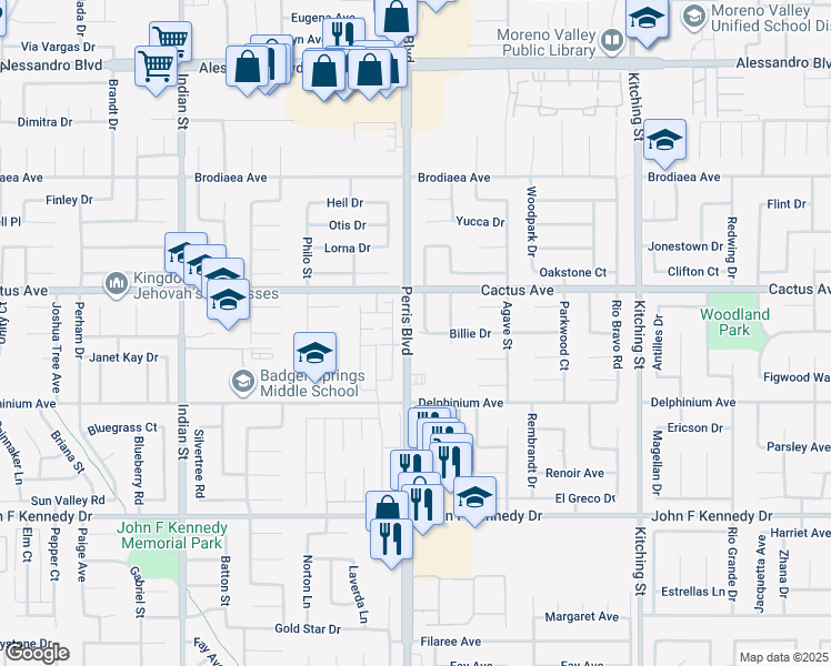 map of restaurants, bars, coffee shops, grocery stores, and more near 14607 Cholla Drive in Moreno Valley