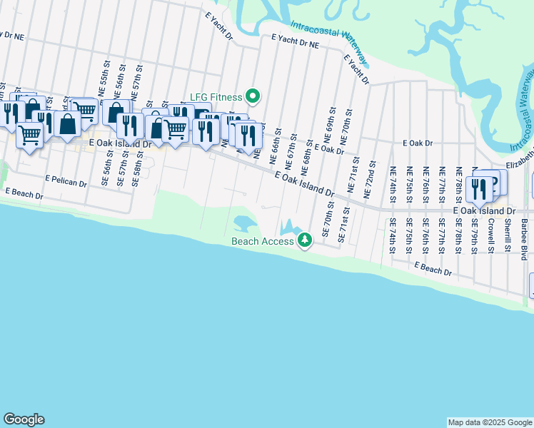 map of restaurants, bars, coffee shops, grocery stores, and more near 6701 Loggerhead Court in Oak Island
