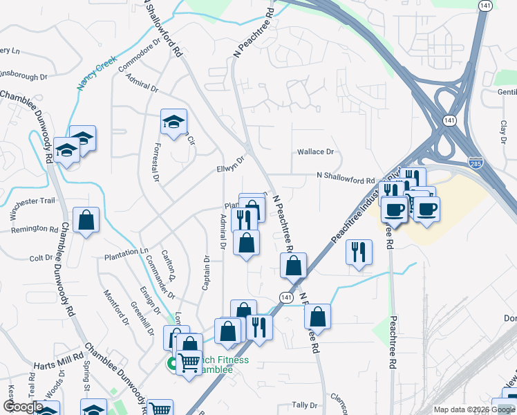 map of restaurants, bars, coffee shops, grocery stores, and more near 2197 Plantation Lane in Chamblee