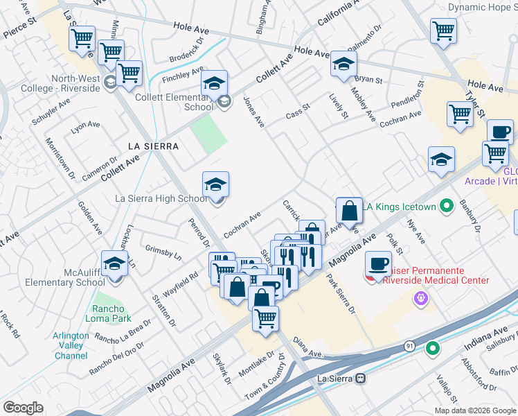 map of restaurants, bars, coffee shops, grocery stores, and more near 10925 Cochran Avenue in Riverside
