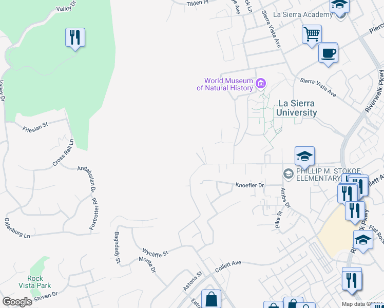 map of restaurants, bars, coffee shops, grocery stores, and more near 12193 Raley Drive in Riverside