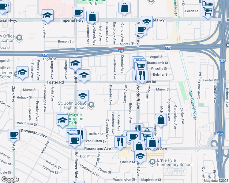 map of restaurants, bars, coffee shops, grocery stores, and more near 9912 Muroc Street in Bellflower