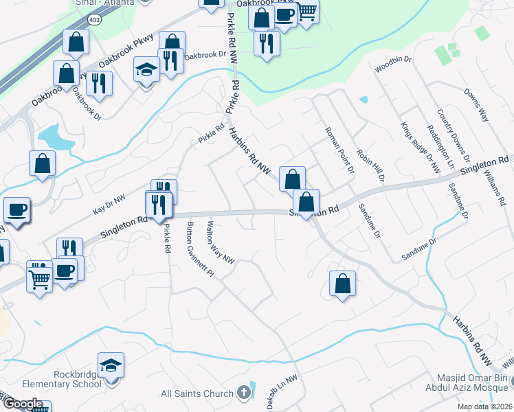 map of restaurants, bars, coffee shops, grocery stores, and more near 1403 Harbins Ridge Drive in Norcross