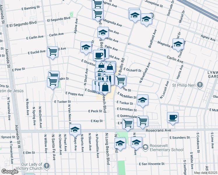 map of restaurants, bars, coffee shops, grocery stores, and more near 1900 North Long Beach Boulevard in Compton