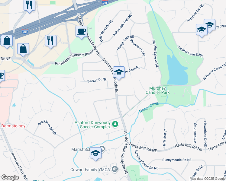 map of restaurants, bars, coffee shops, grocery stores, and more near 3968 Ashford Dunwoody Road in Atlanta
