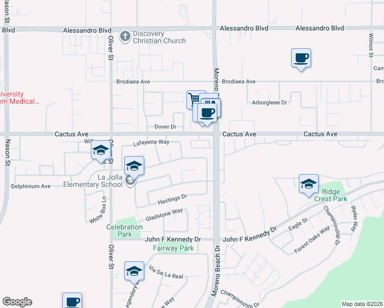 map of restaurants, bars, coffee shops, grocery stores, and more near 27891 Cactus Avenue in Moreno Valley