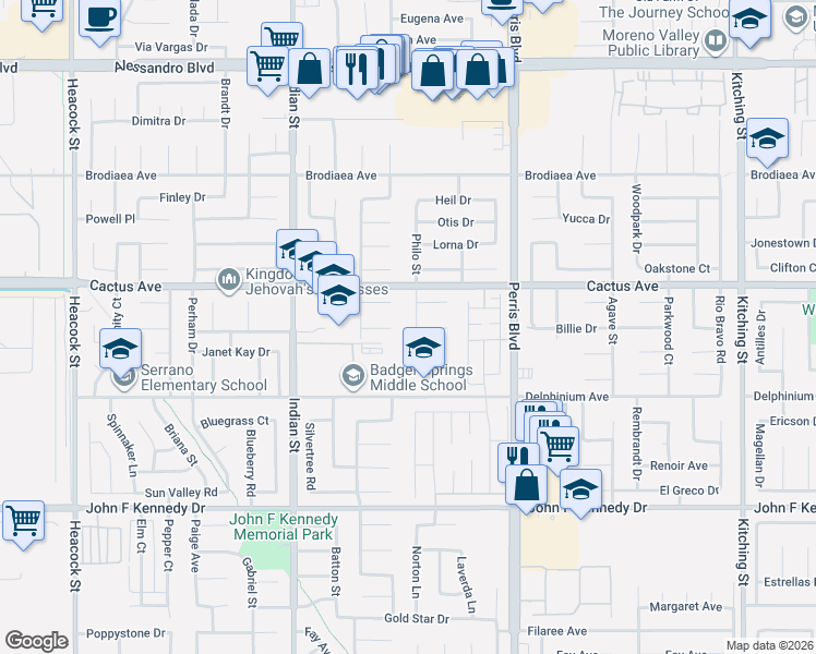 map of restaurants, bars, coffee shops, grocery stores, and more near 24732 Mars Court in Moreno Valley