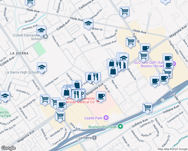 map of restaurants, bars, coffee shops, grocery stores, and more near 10720 Kloiber Street in Riverside
