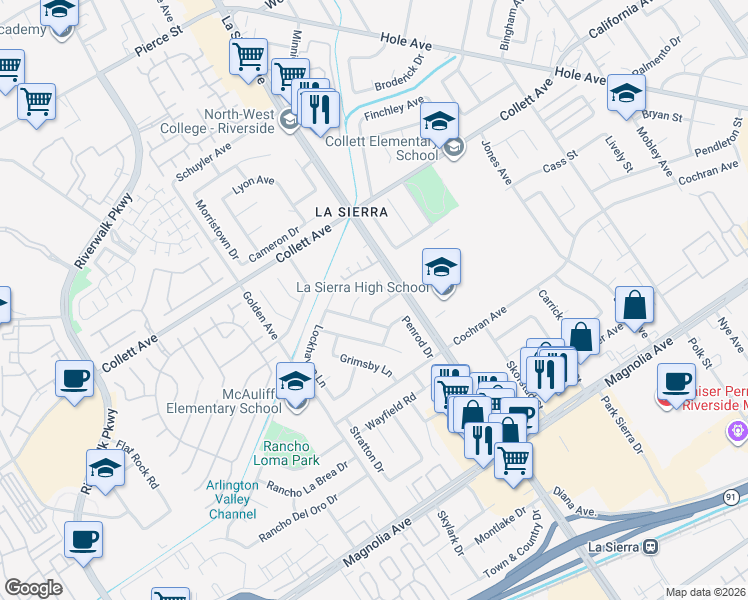 map of restaurants, bars, coffee shops, grocery stores, and more near 4209 Ferguson Court in Riverside
