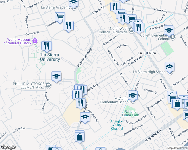 map of restaurants, bars, coffee shops, grocery stores, and more near 4368 Countrydale Road in Riverside