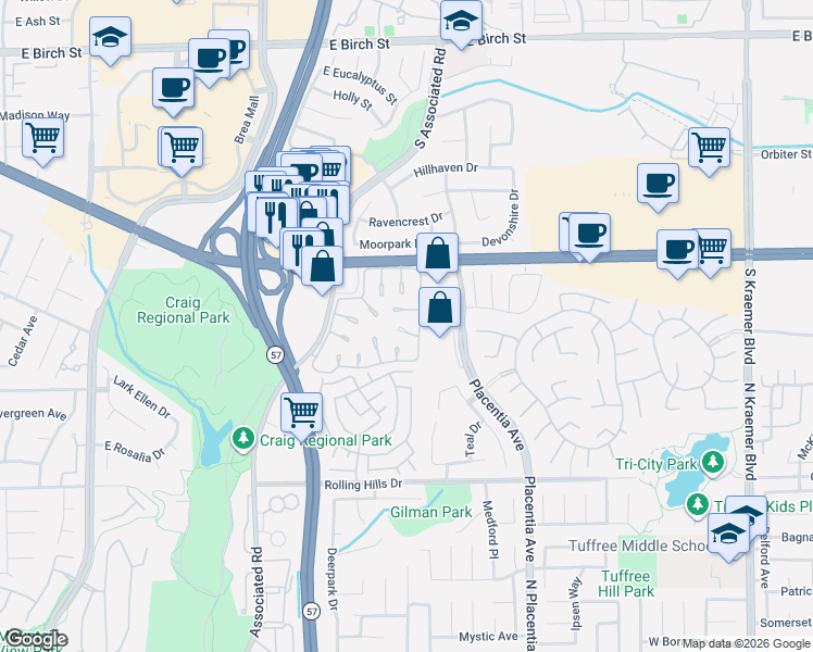 map of restaurants, bars, coffee shops, grocery stores, and more near 2908 Parkwood Court in Fullerton