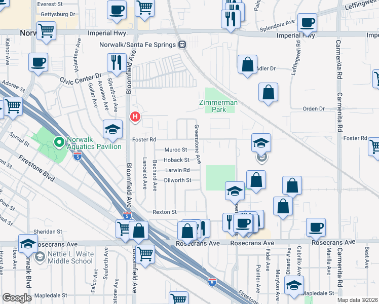map of restaurants, bars, coffee shops, grocery stores, and more near 12849 Muroc Street in Norwalk