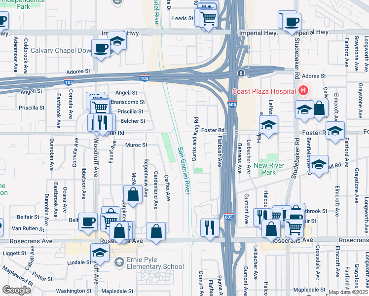 map of restaurants, bars, coffee shops, grocery stores, and more near 13423 Curtis and King Road in Norwalk