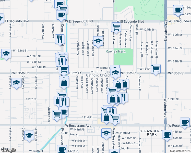 map of restaurants, bars, coffee shops, grocery stores, and more near 13501 Arcturus Avenue in Gardena