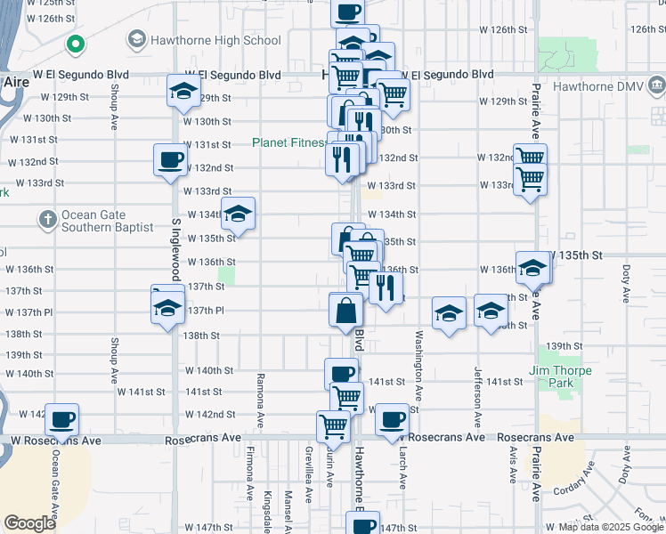 map of restaurants, bars, coffee shops, grocery stores, and more near in Hawthorne