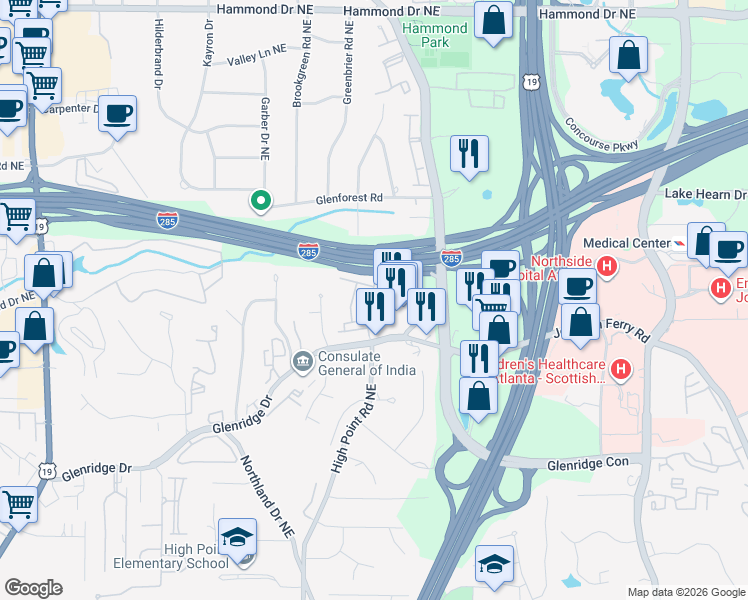 map of restaurants, bars, coffee shops, grocery stores, and more near 5571 High Point Road Northeast in Atlanta