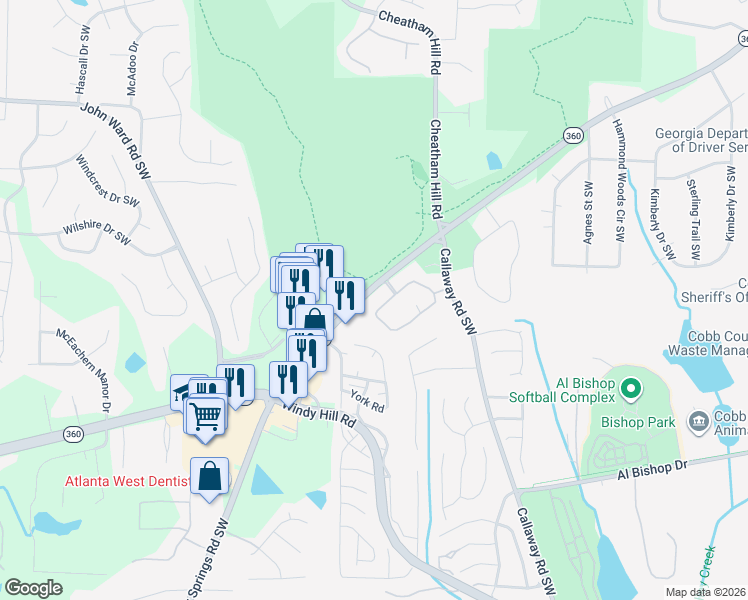 map of restaurants, bars, coffee shops, grocery stores, and more near 1814 Kolb Farm Circle Southwest in Marietta