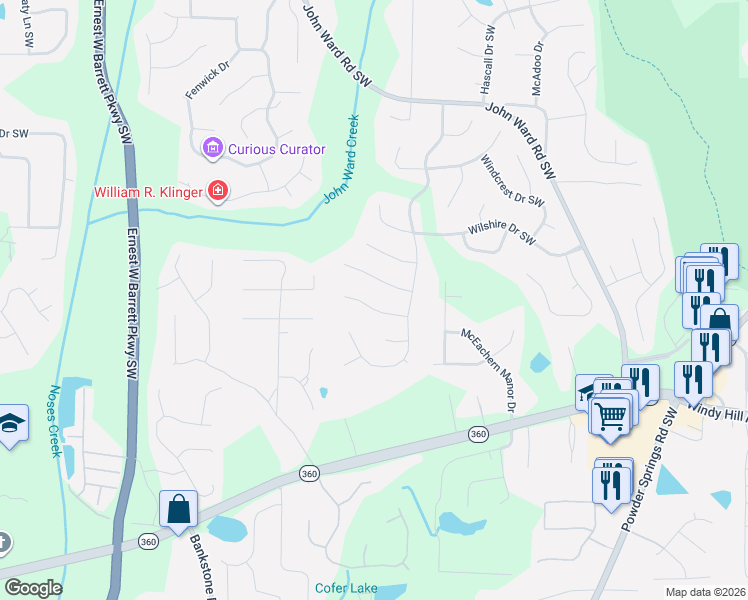 map of restaurants, bars, coffee shops, grocery stores, and more near 2145 Kensington Court Southwest in Marietta