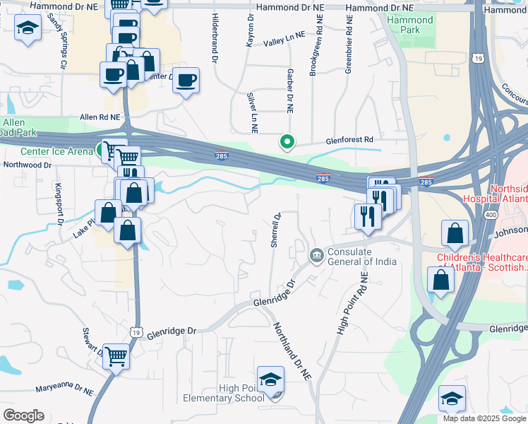 map of restaurants, bars, coffee shops, grocery stores, and more near 5615 Kayron Drive in Atlanta