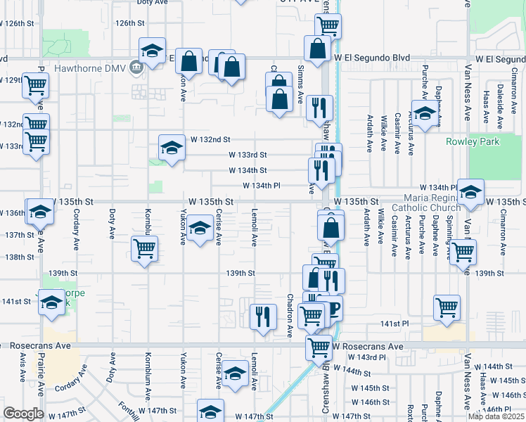 map of restaurants, bars, coffee shops, grocery stores, and more near 13514 Lemoli Avenue in Hawthorne