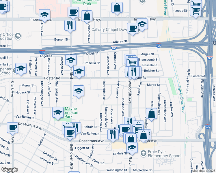 map of restaurants, bars, coffee shops, grocery stores, and more near 9912 Muroc Street in Bellflower
