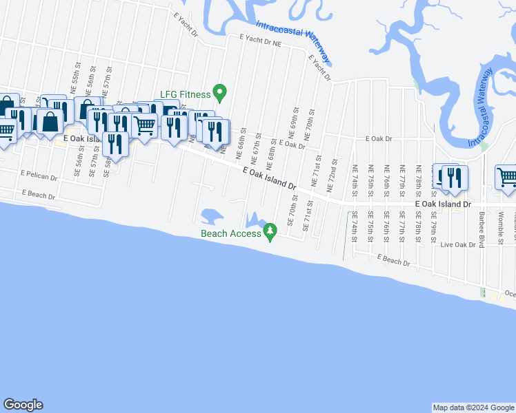 map of restaurants, bars, coffee shops, grocery stores, and more near 111 Southeast 68th Street in Oak Island