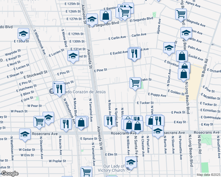 map of restaurants, bars, coffee shops, grocery stores, and more near 428 East Oaks Street in Compton