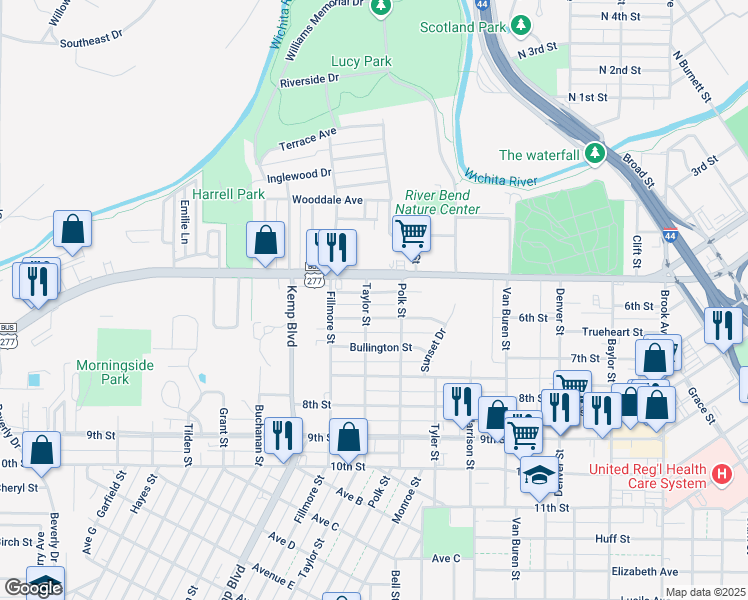 map of restaurants, bars, coffee shops, grocery stores, and more near 2304 Kings Highway in Wichita Falls