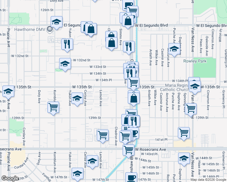 map of restaurants, bars, coffee shops, grocery stores, and more near 13515 Chadron Avenue in Hawthorne