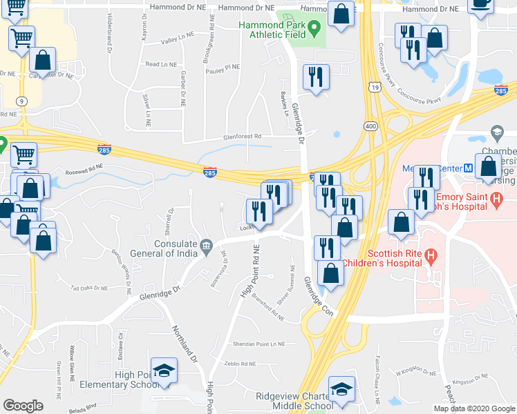map of restaurants, bars, coffee shops, grocery stores, and more near 5571 High Point Road Northeast in Atlanta