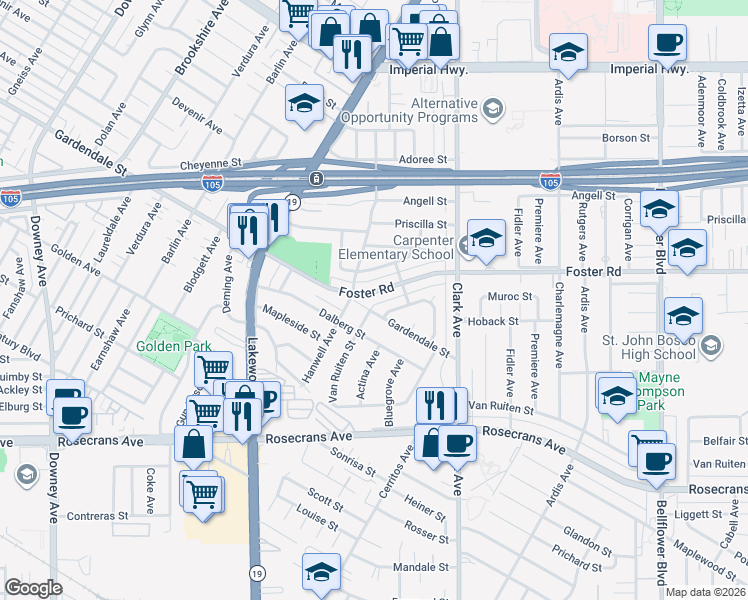 map of restaurants, bars, coffee shops, grocery stores, and more near 9246 Foster Road in Bellflower