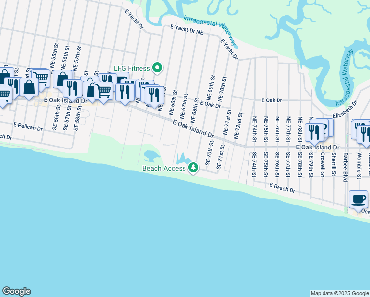 map of restaurants, bars, coffee shops, grocery stores, and more near 111 Southeast 68th Street in Oak Island