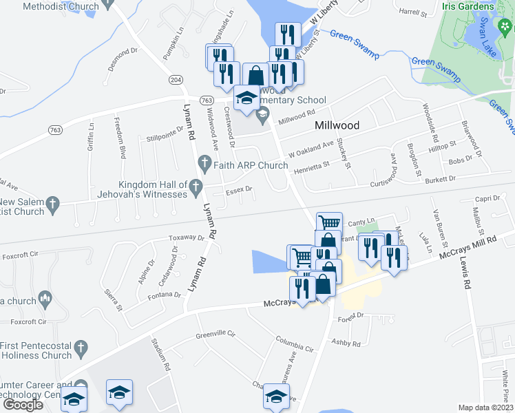 map of restaurants, bars, coffee shops, grocery stores, and more near 1961 Essex Drive in Sumter