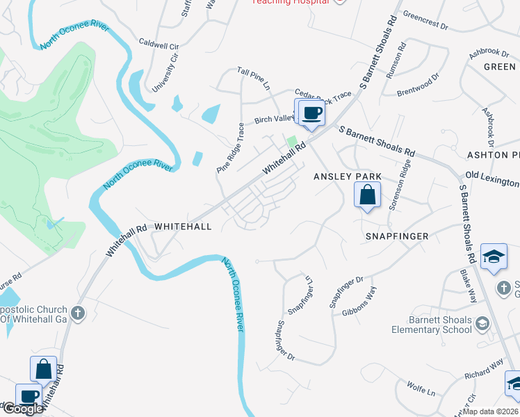 map of restaurants, bars, coffee shops, grocery stores, and more near 216 Oconee River Circle in Athens