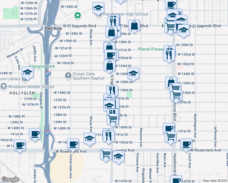 map of restaurants, bars, coffee shops, grocery stores, and more near 4769 West 136th Street in Hawthorne