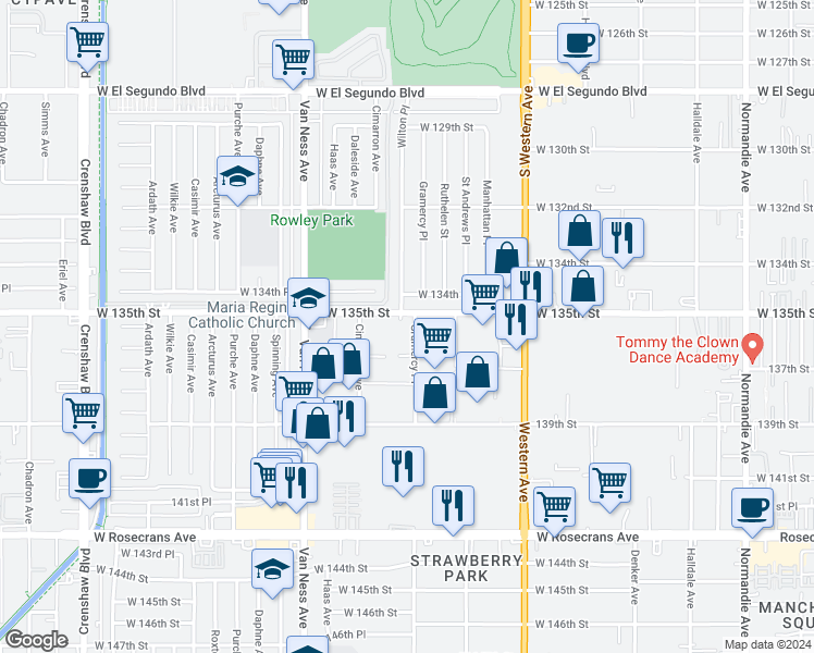map of restaurants, bars, coffee shops, grocery stores, and more near 2000 West 135th Street in Gardena