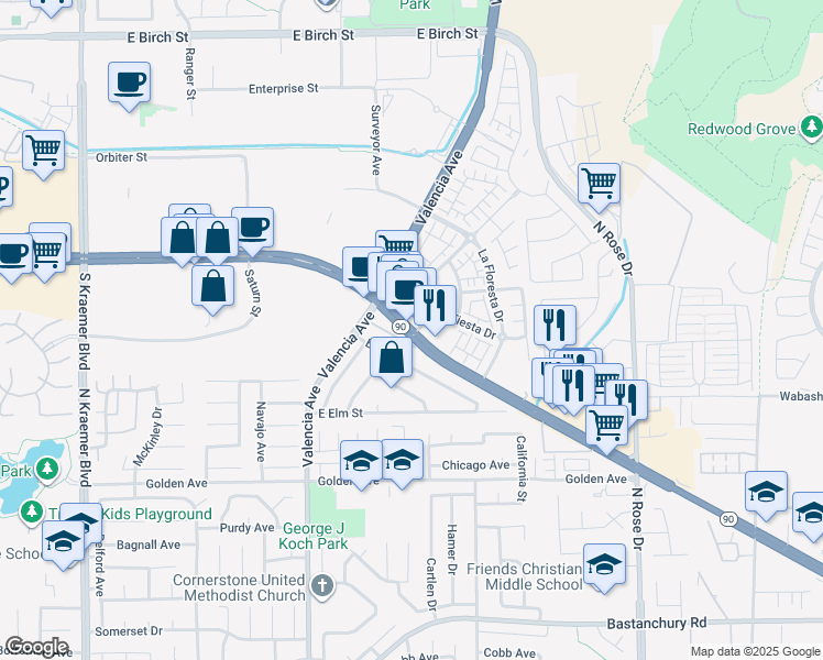 map of restaurants, bars, coffee shops, grocery stores, and more near 3389 Imperial Highway in Brea