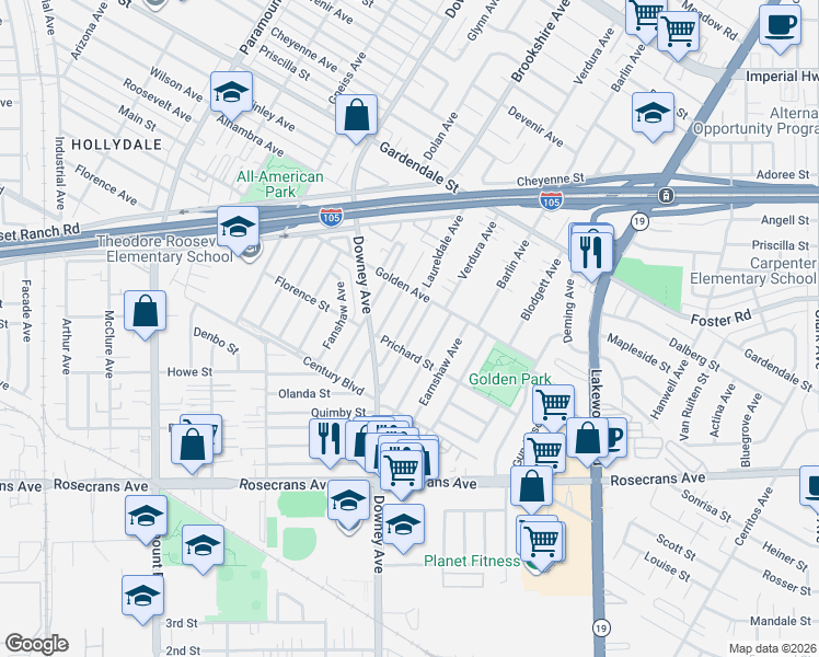 map of restaurants, bars, coffee shops, grocery stores, and more near 13435 Dempster Avenue in Downey