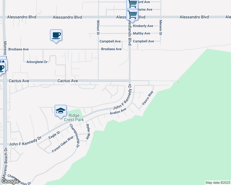 map of restaurants, bars, coffee shops, grocery stores, and more near 26753 Mountain Vista Drive in Moreno Valley