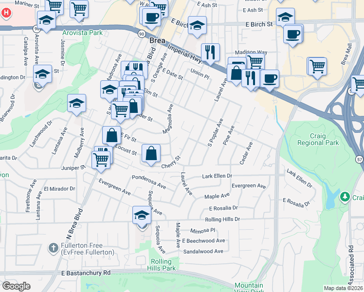 map of restaurants, bars, coffee shops, grocery stores, and more near 601 Cherry Street in Brea