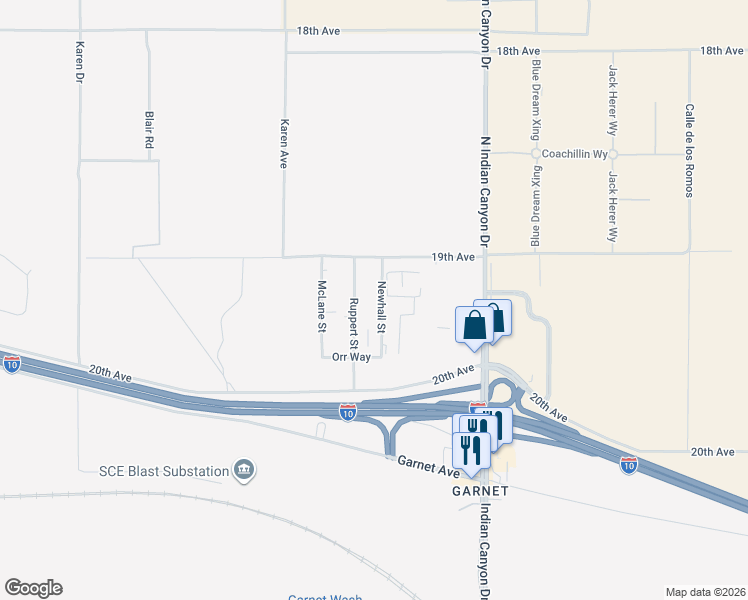 map of restaurants, bars, coffee shops, grocery stores, and more near 19161 Newhall Street in Desert Hot Springs