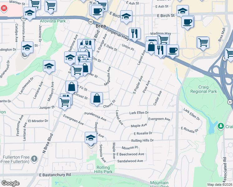 map of restaurants, bars, coffee shops, grocery stores, and more near 514 East Fir Street in Brea