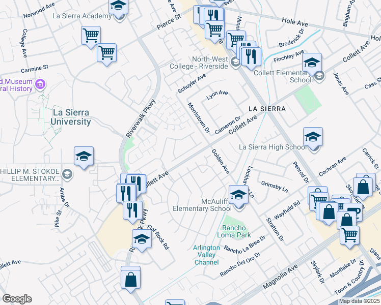 map of restaurants, bars, coffee shops, grocery stores, and more near 11356 Pondhurst Way in Riverside